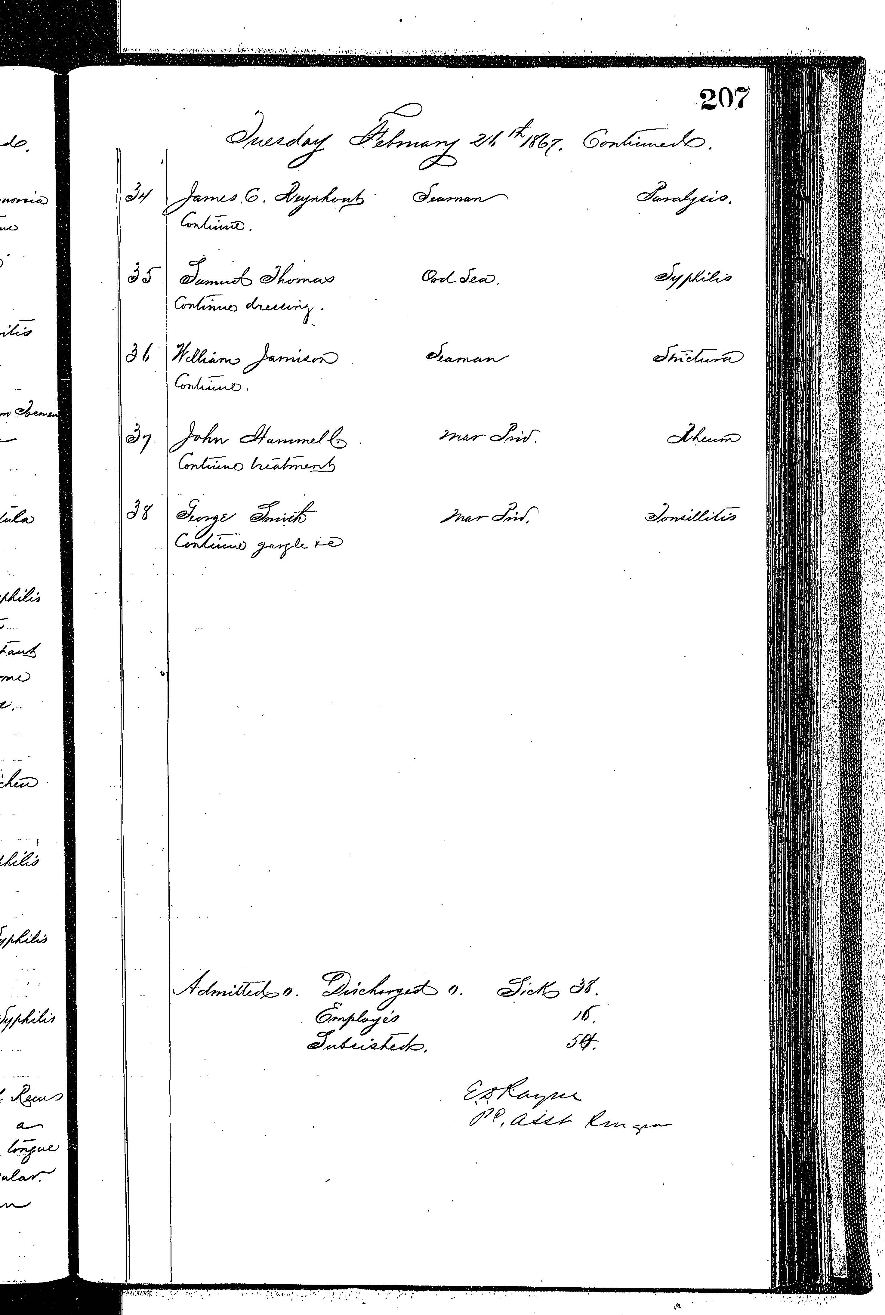 Patients in the Naval Hospital, Washington DC, on February 26, 1867 - Page 4 of 4, in the Medical Journal, October 1, 1866 to March 20, 1867