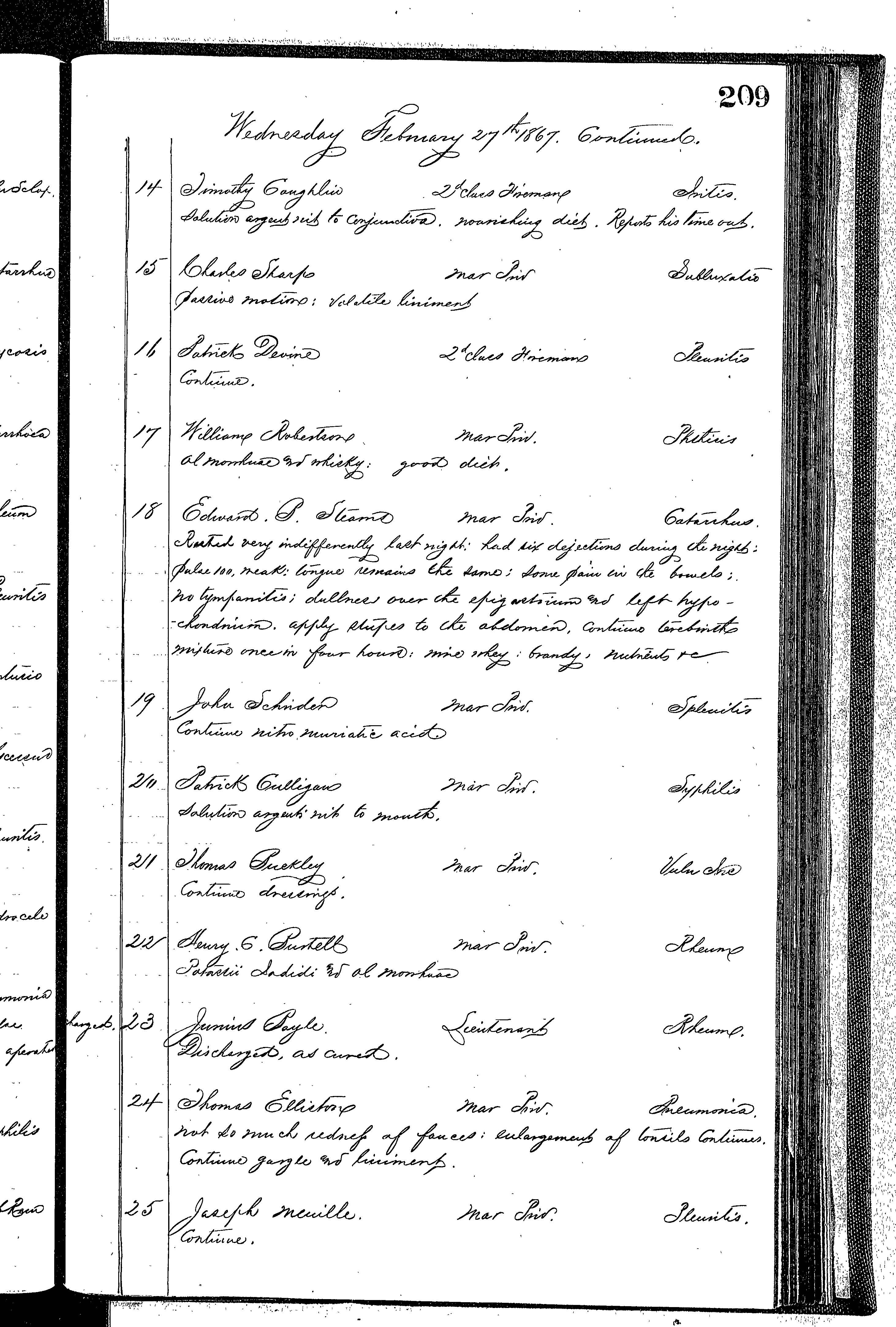 Patients in the Naval Hospital, Washington DC, on February 27, 1867 - Page 2 of 4, in the Medical Journal, October 1, 1866 to March 20, 1867