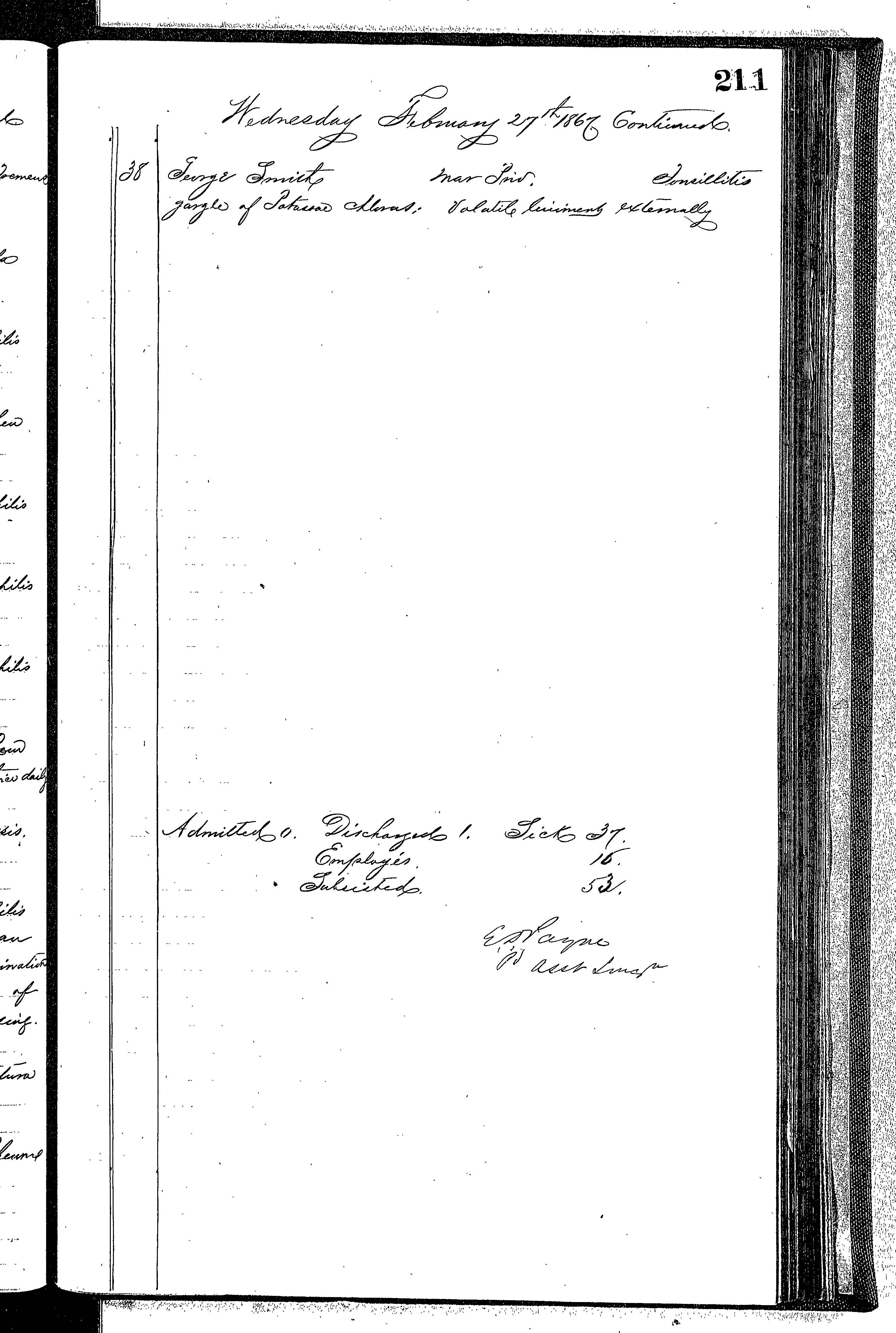 Patients in the Naval Hospital, Washington DC, on February 27, 1867 - Page 4 of 4, in the Medical Journal, October 1, 1866 to March 20, 1867