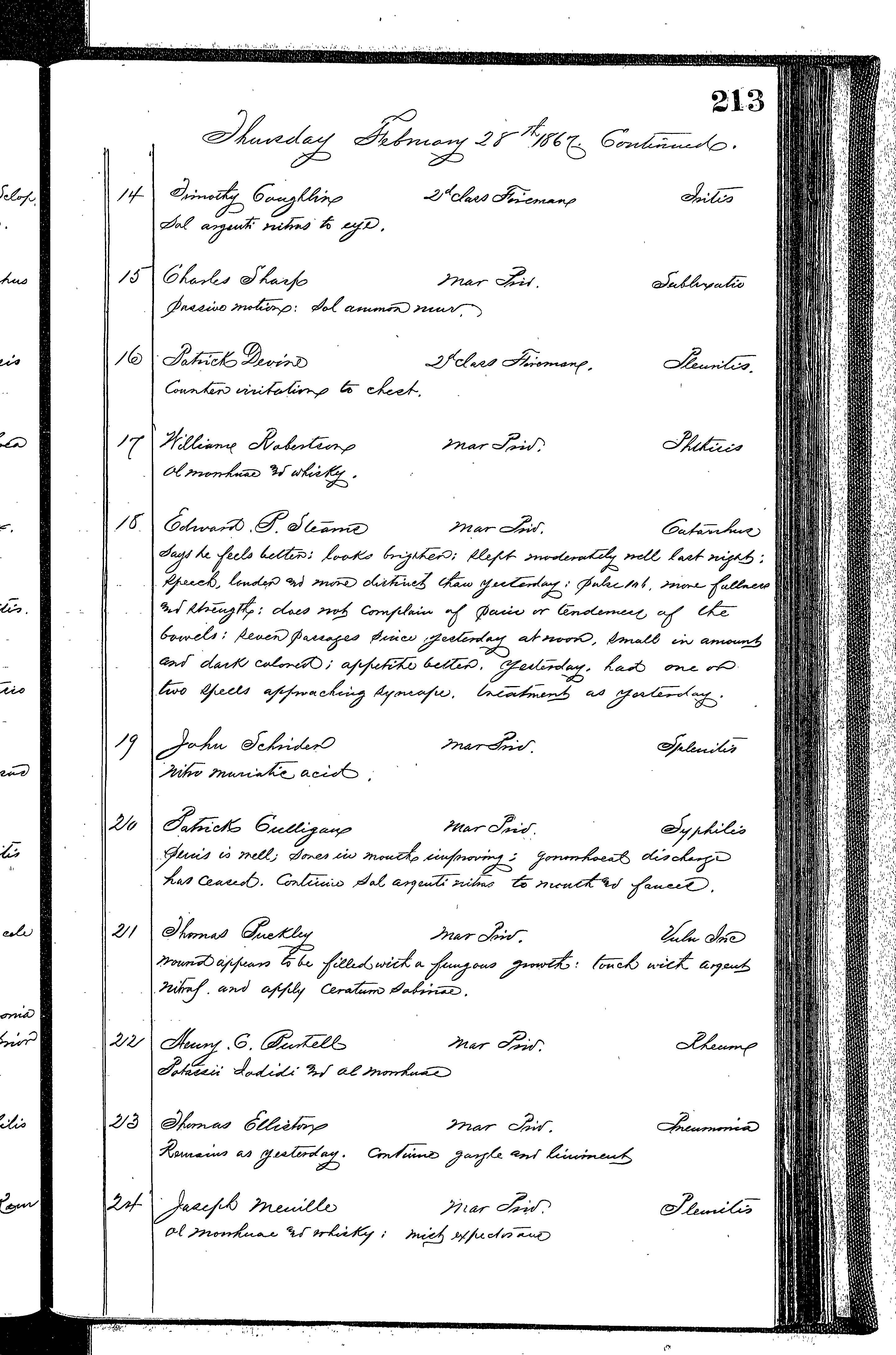 Patients in the Naval Hospital, Washington DC, on February 28, 1867 - Page 2 of 4, in the Medical Journal, October 1, 1866 to March 20, 1867