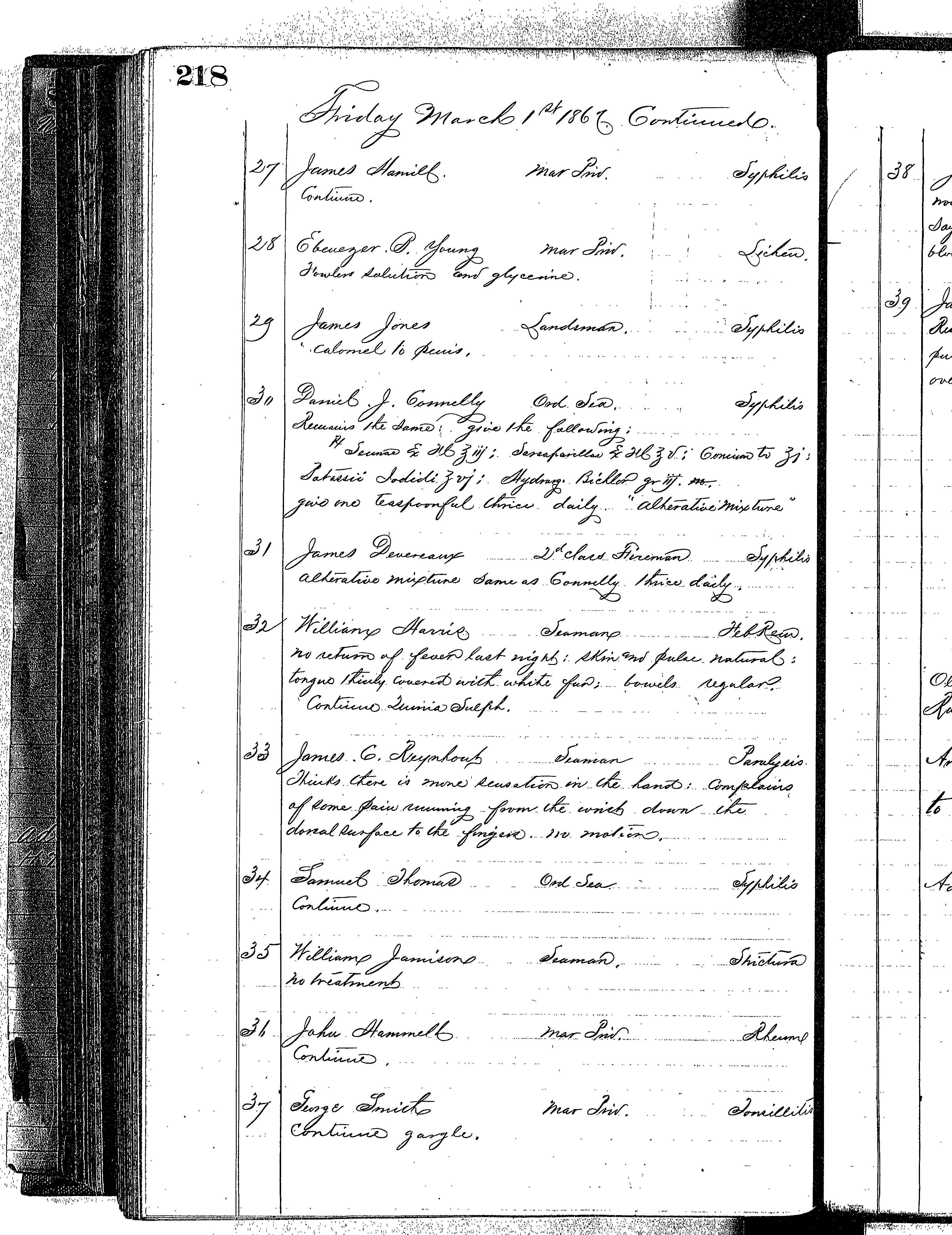 Patients in the Naval Hospital, Washington DC, on March 1, 1867 - Page 3 of 4, in the Medical Journal, October 1, 1866 to March 20, 1867