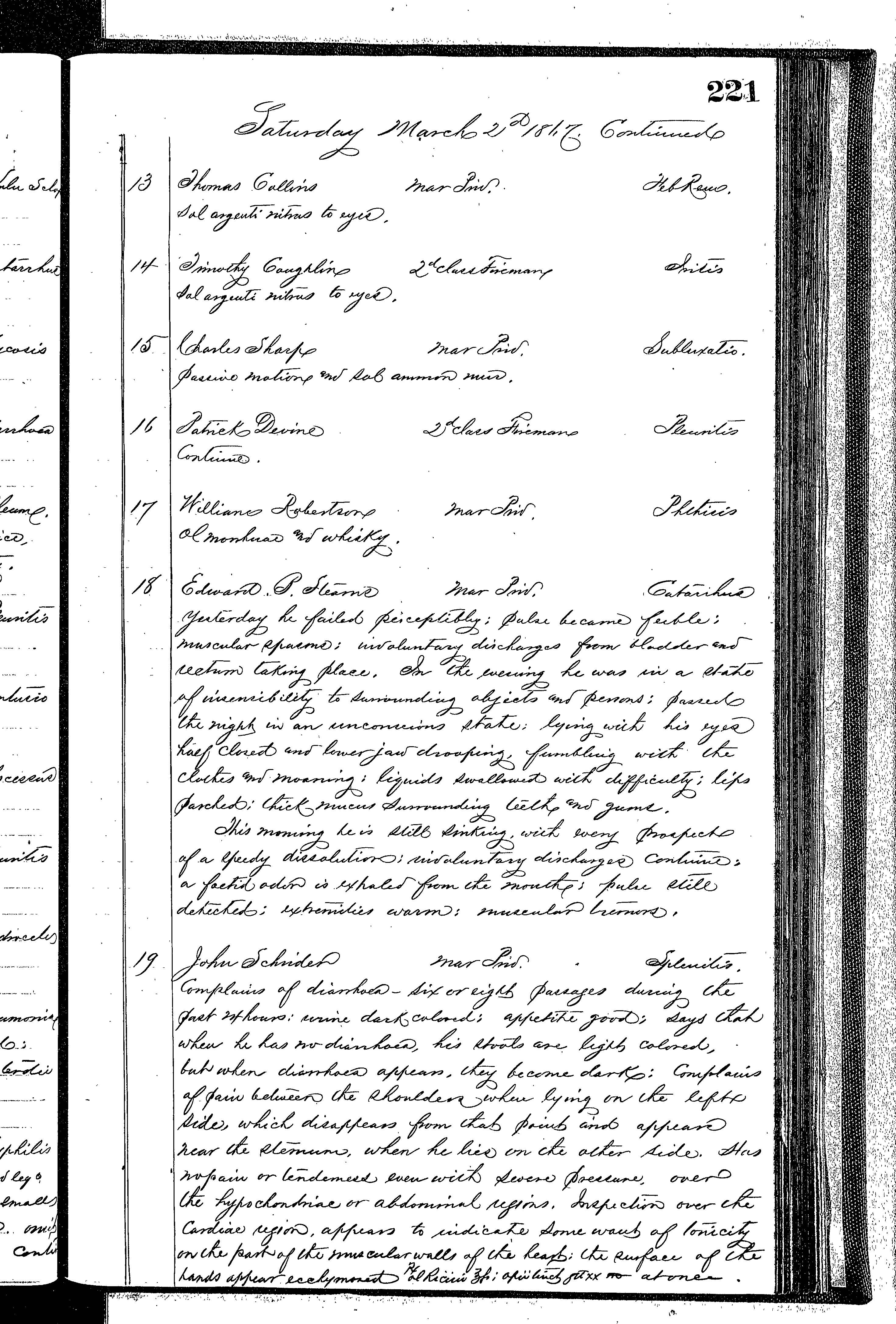 Patients in the Naval Hospital, Washington DC, on March 2, 1867 - Page 2 of 4, in the Medical Journal, October 1, 1866 to March 20, 1867