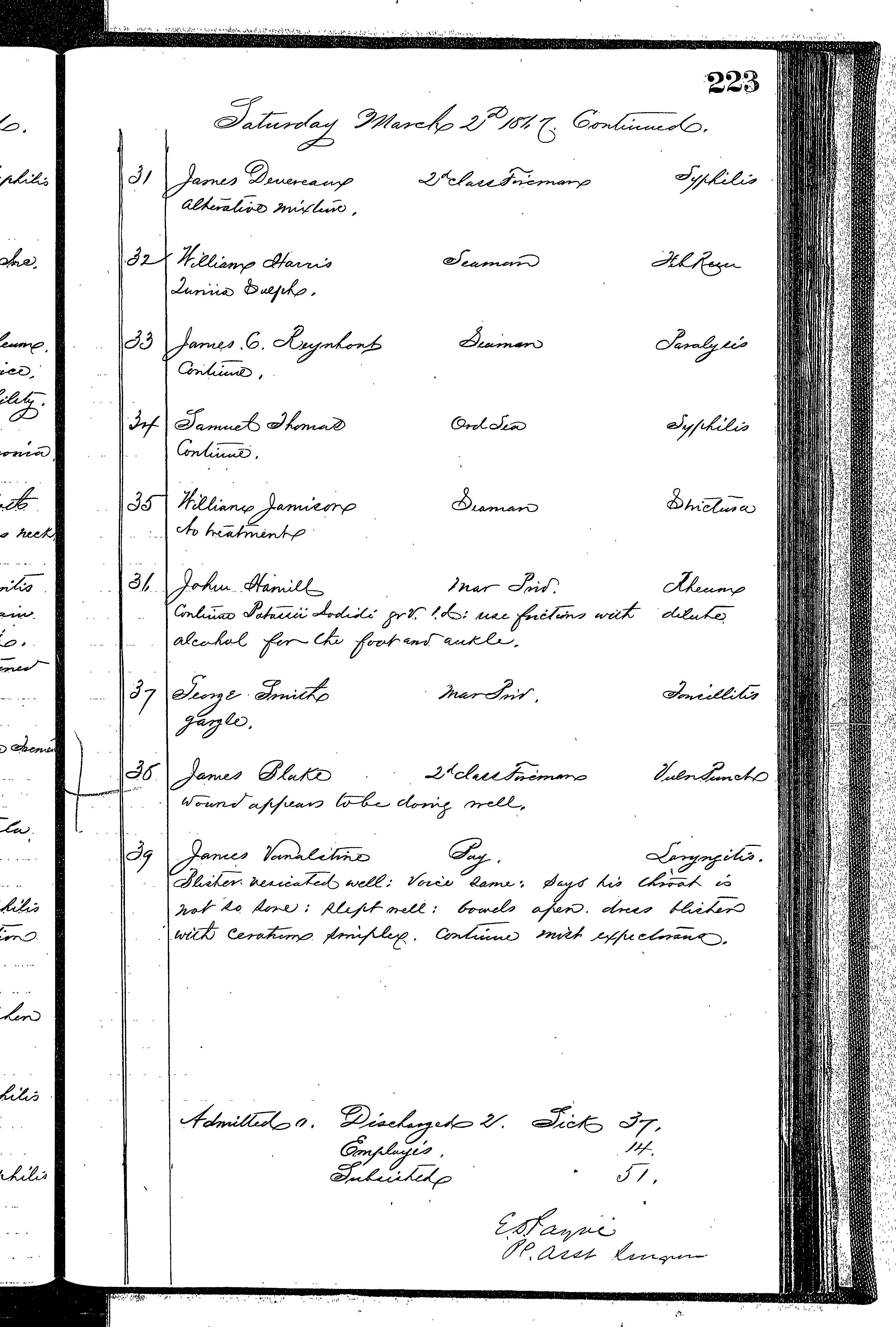 Patients in the Naval Hospital, Washington DC, on March 2, 1867 - Page 4 of 4, in the Medical Journal, October 1, 1866 to March 20, 1867