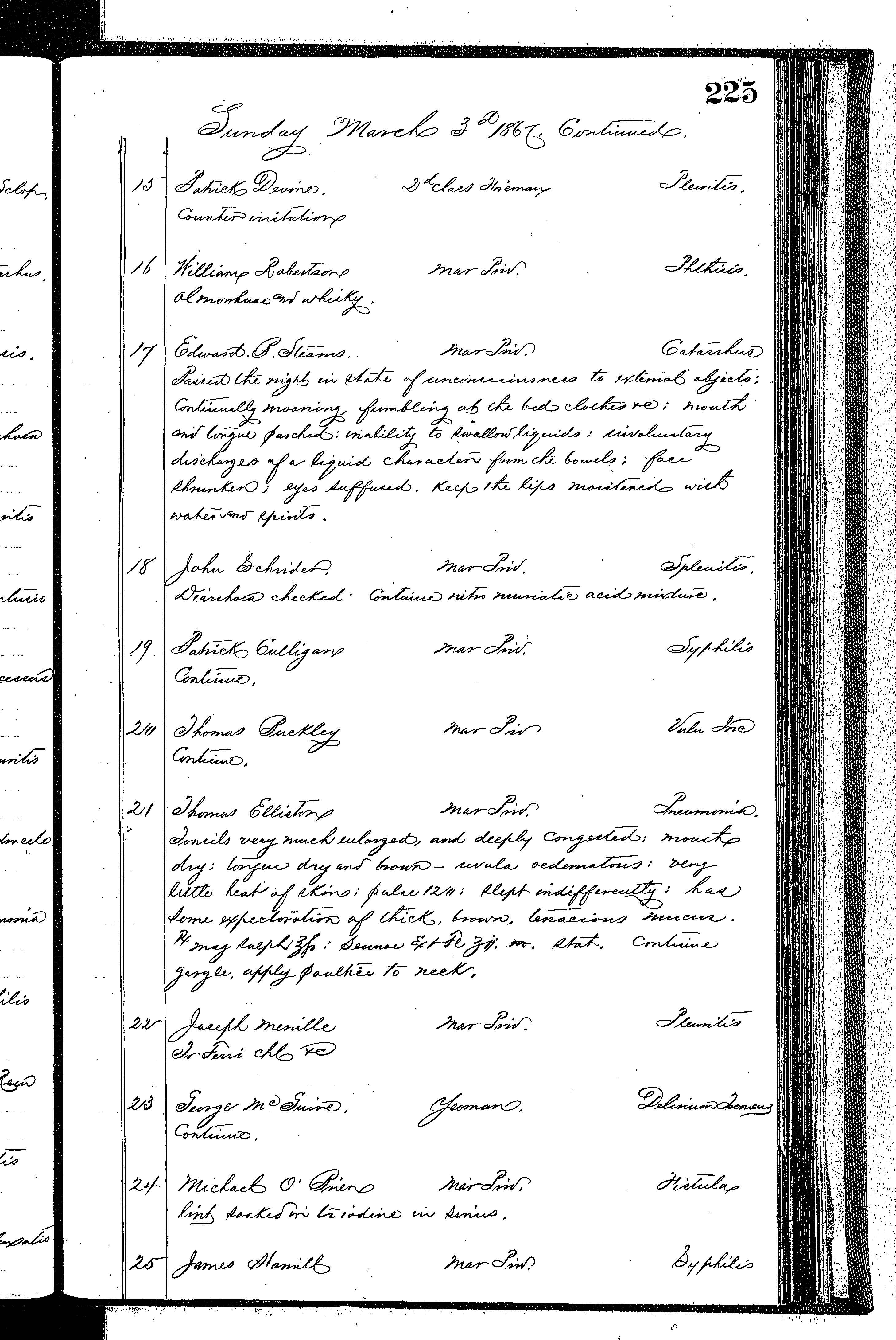 Patients in the Naval Hospital, Washington DC, on March 3, 1867 - Page 2 of 3, in the Medical Journal, October 1, 1866 to March 20, 1867