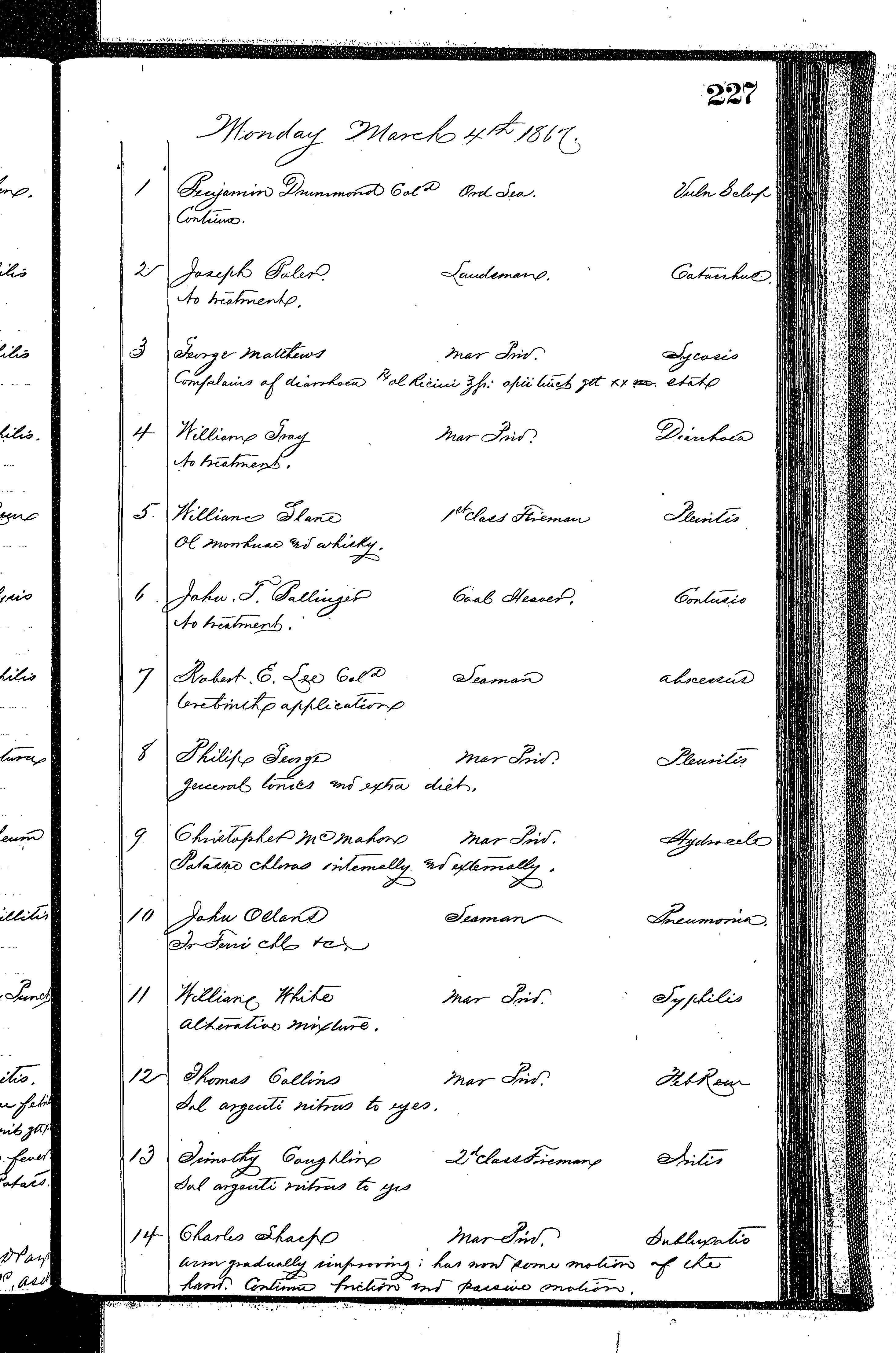 Patients in the Naval Hospital, Washington DC, on March 4, 1867 - Page 1 of 4, in the Medical Journal, October 1, 1866 to March 20, 1867