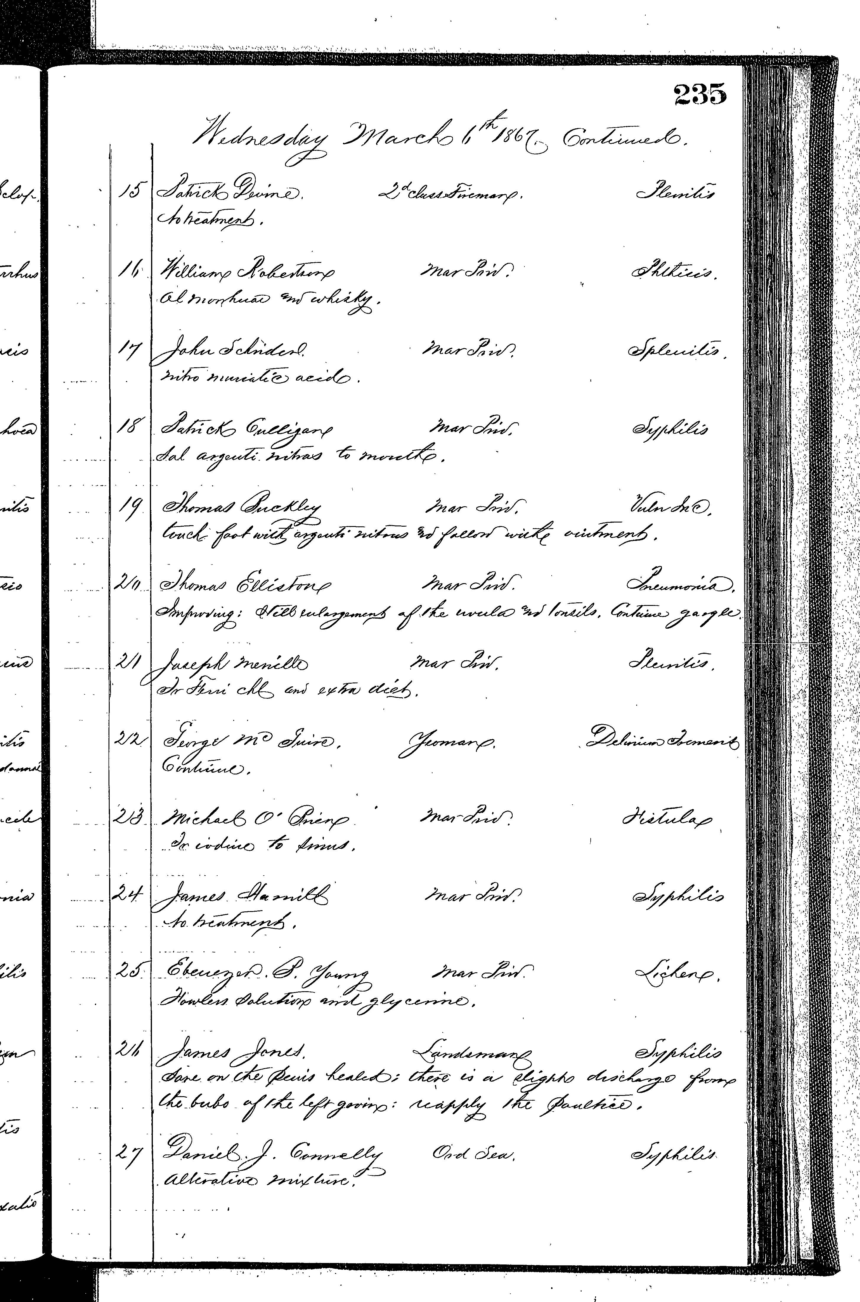 Patients in the Naval Hospital, Washington DC, on March 6, 1867 - Page 2 of 3, in the Medical Journal, October 1, 1866 to March 20, 1867