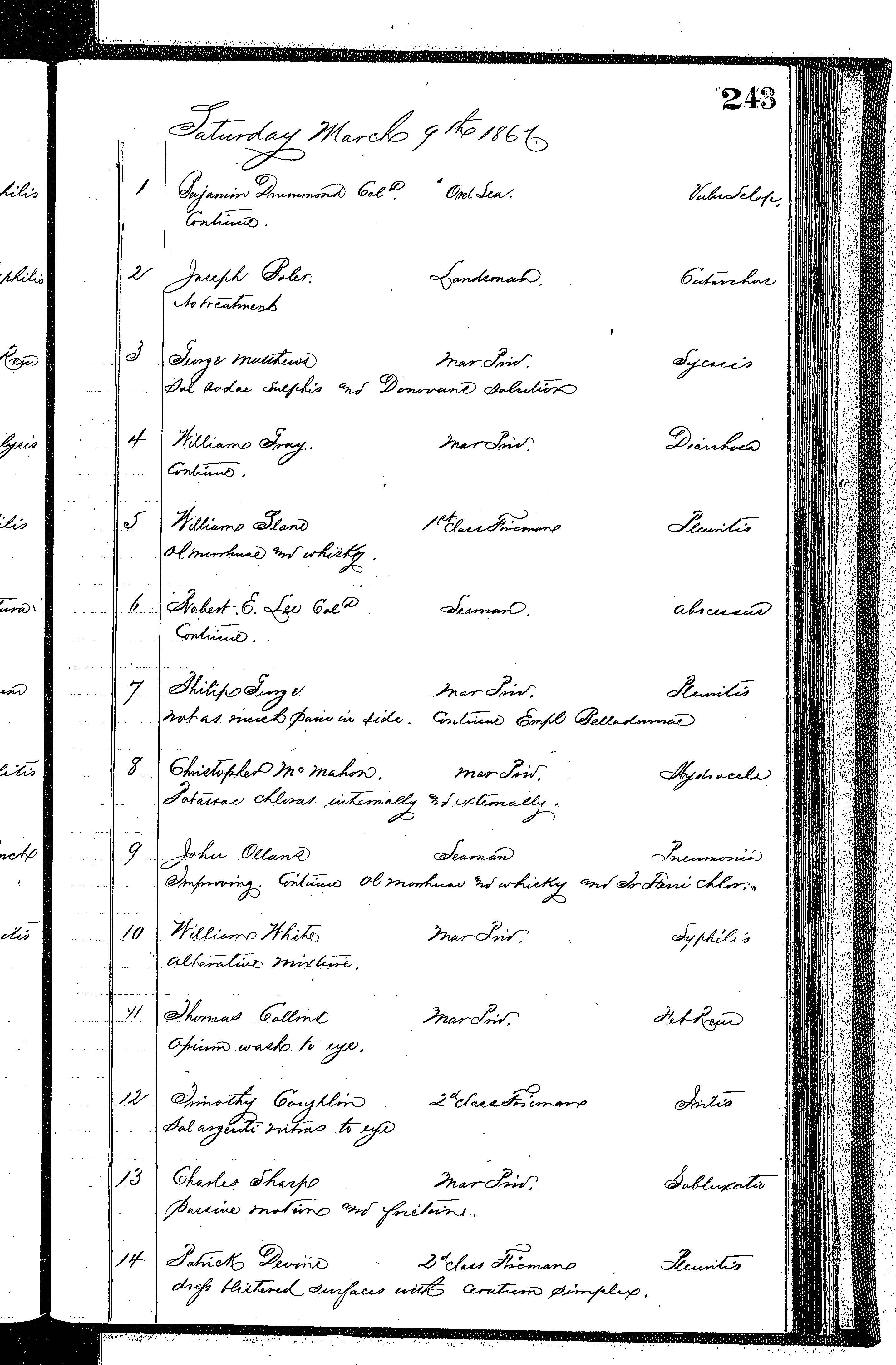 Patients in the Naval Hospital, Washington DC, on March 9, 1867 - Page 1 of 3, in the Medical Journal, October 1, 1866 to March 20, 1867