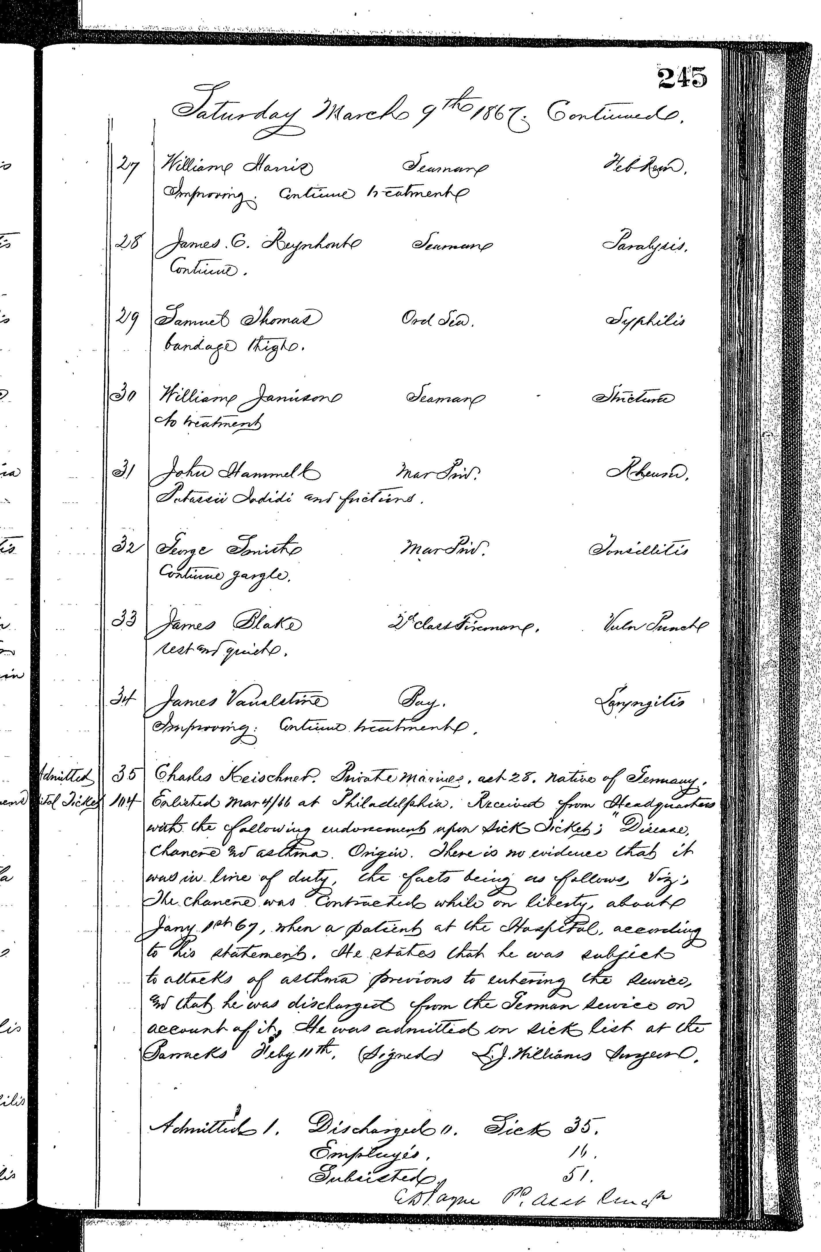 Patients in the Naval Hospital, Washington DC, on March 9, 1867 - Page 3 of 3, in the Medical Journal, October 1, 1866 to March 20, 1867