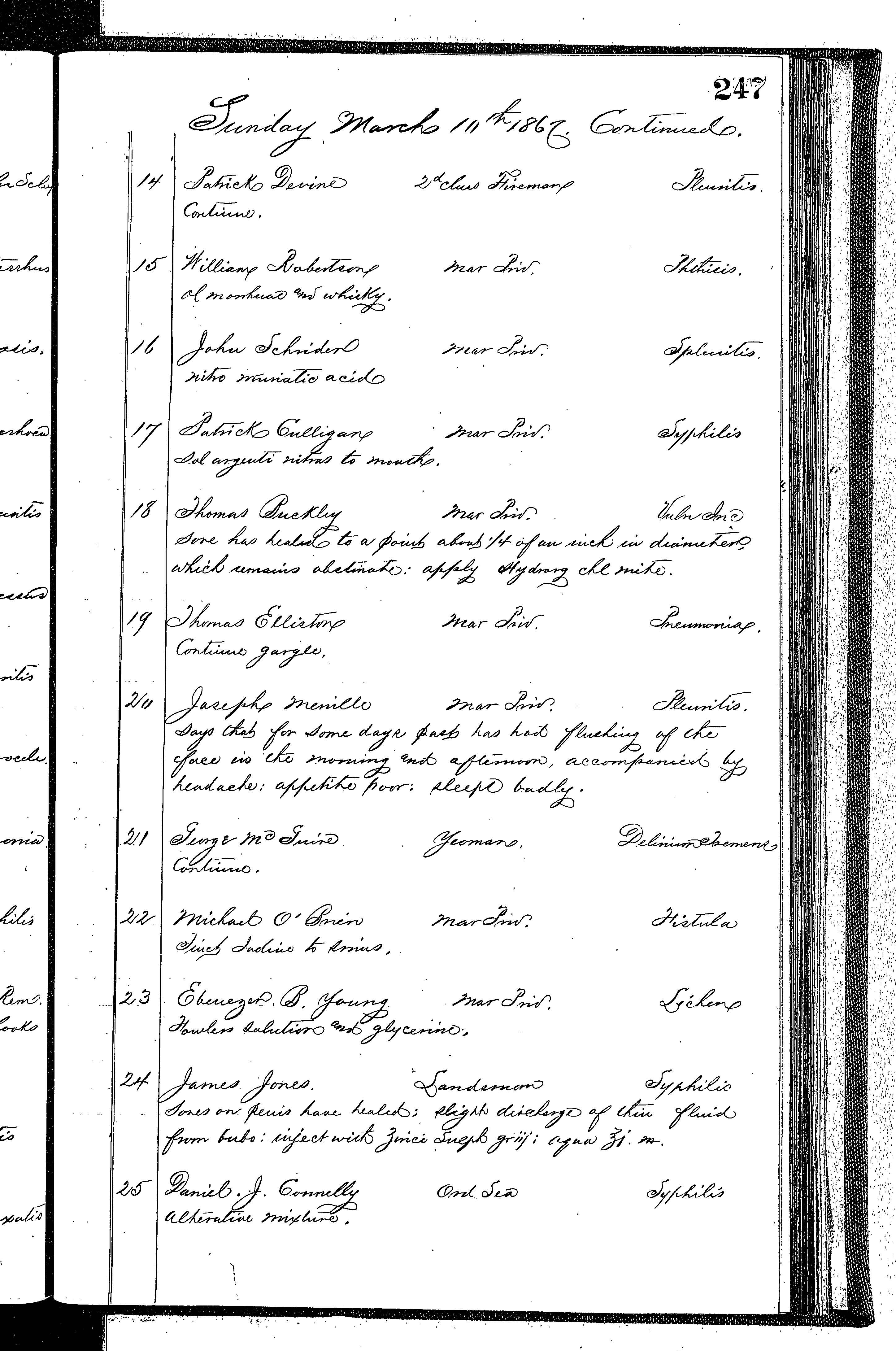 Patients in the Naval Hospital, Washington DC, on March 10, 1867 - Page 2 of 3, in the Medical Journal, October 1, 1866 to March 20, 1867