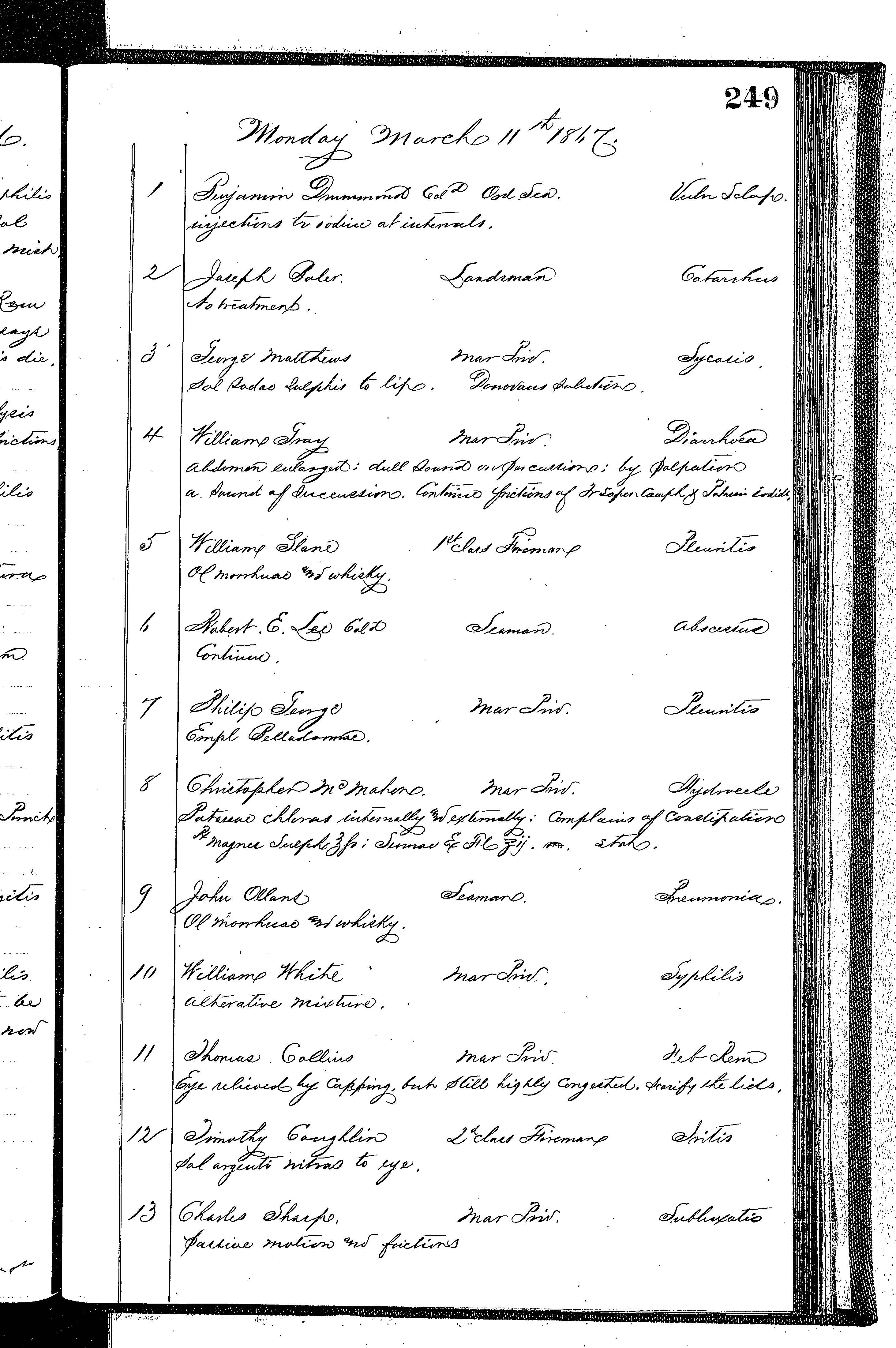 Patients in the Naval Hospital, Washington DC, on March 11, 1867 - Page 1 of 4, in the Medical Journal, October 1, 1866 to March 20, 1867