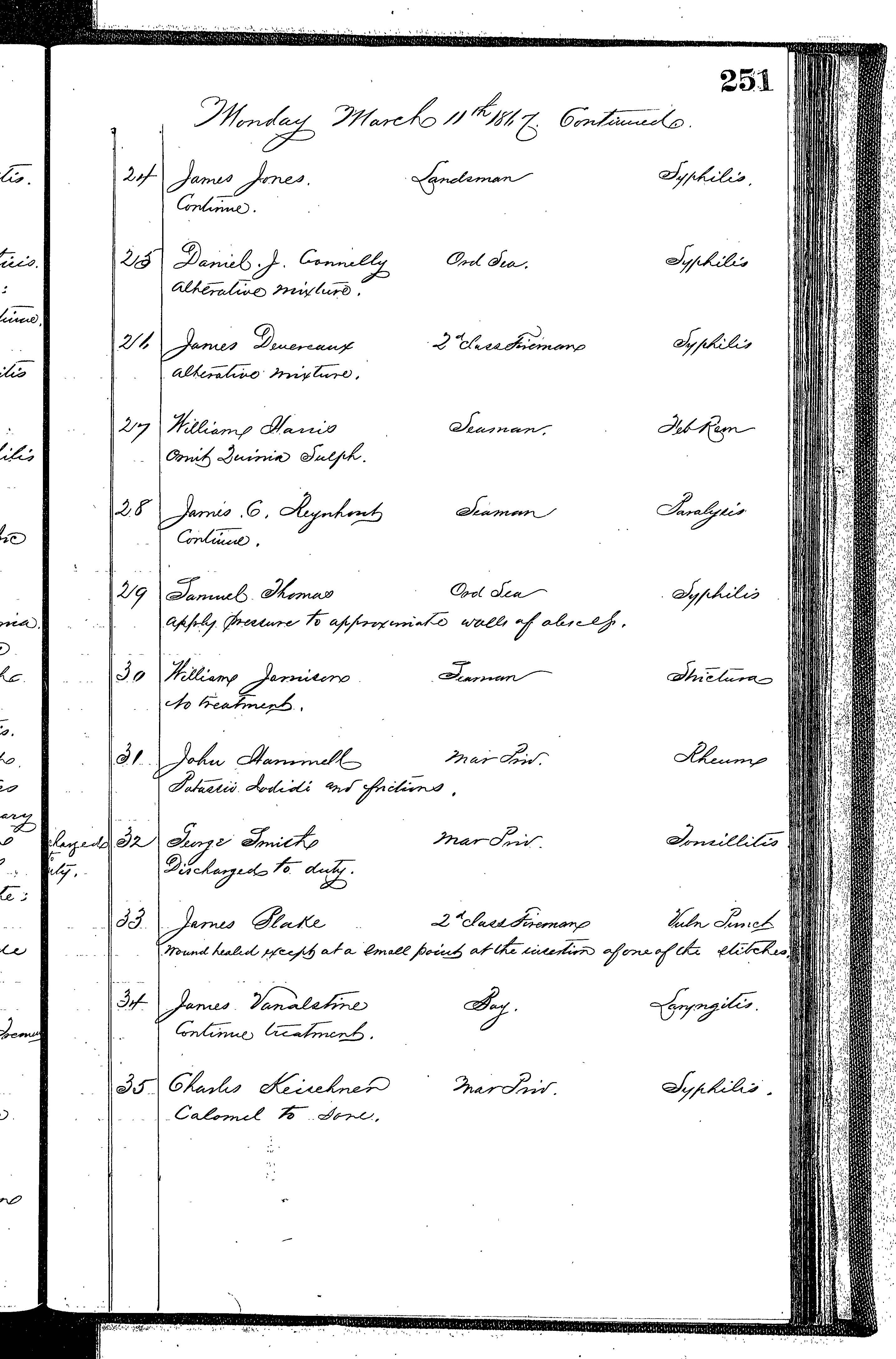 Patients in the Naval Hospital, Washington DC, on March 11, 1867 - Page 3 of 4, in the Medical Journal, October 1, 1866 to March 20, 1867