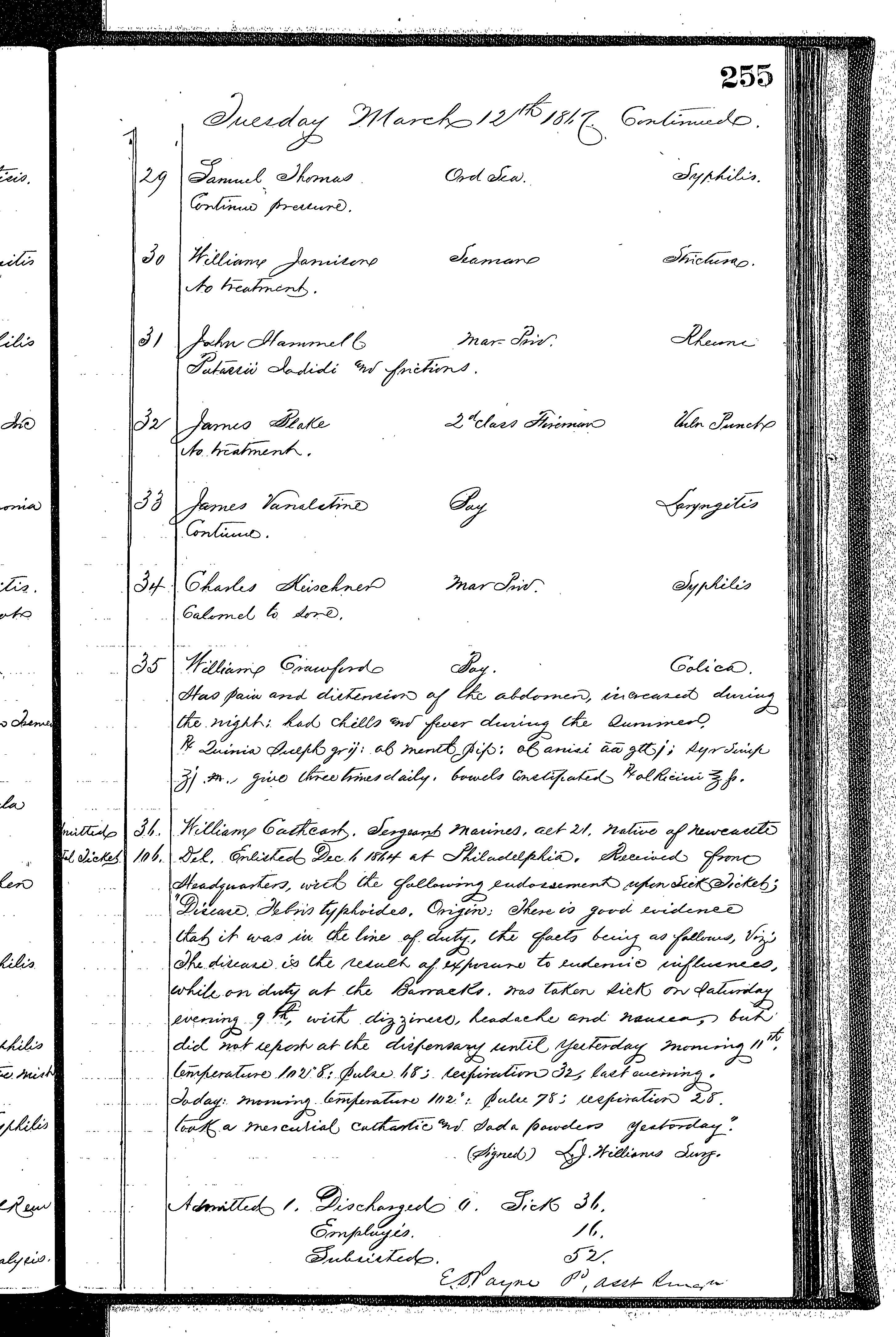 Patients in the Naval Hospital, Washington DC, on March 12, 1867 - Page 3 of 3, in the Medical Journal, October 1, 1866 to March 20, 1867