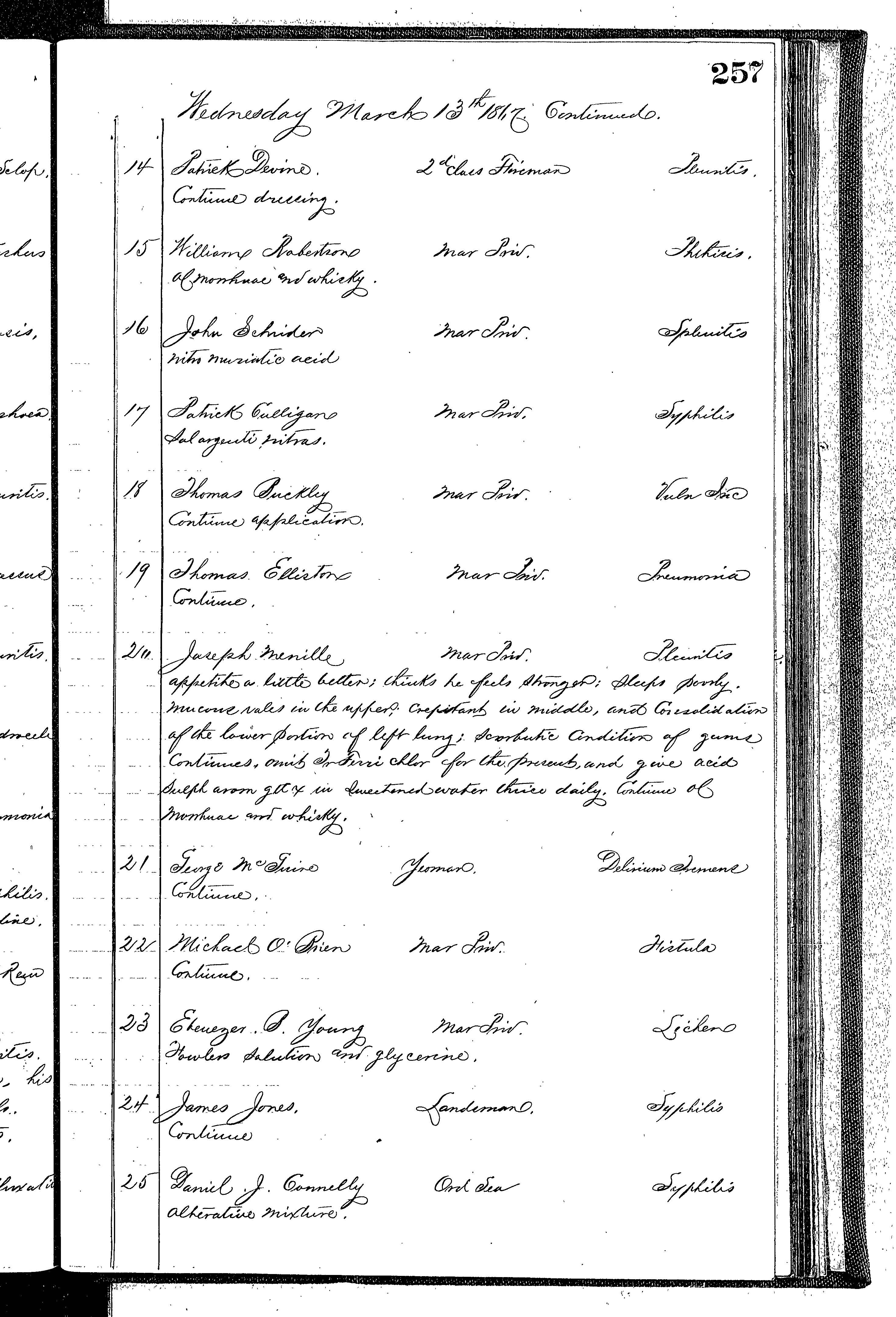 Patients in the Naval Hospital, Washington DC, on March 13, 1867 - Page 2 of 3, in the Medical Journal, October 1, 1866 to March 20, 1867