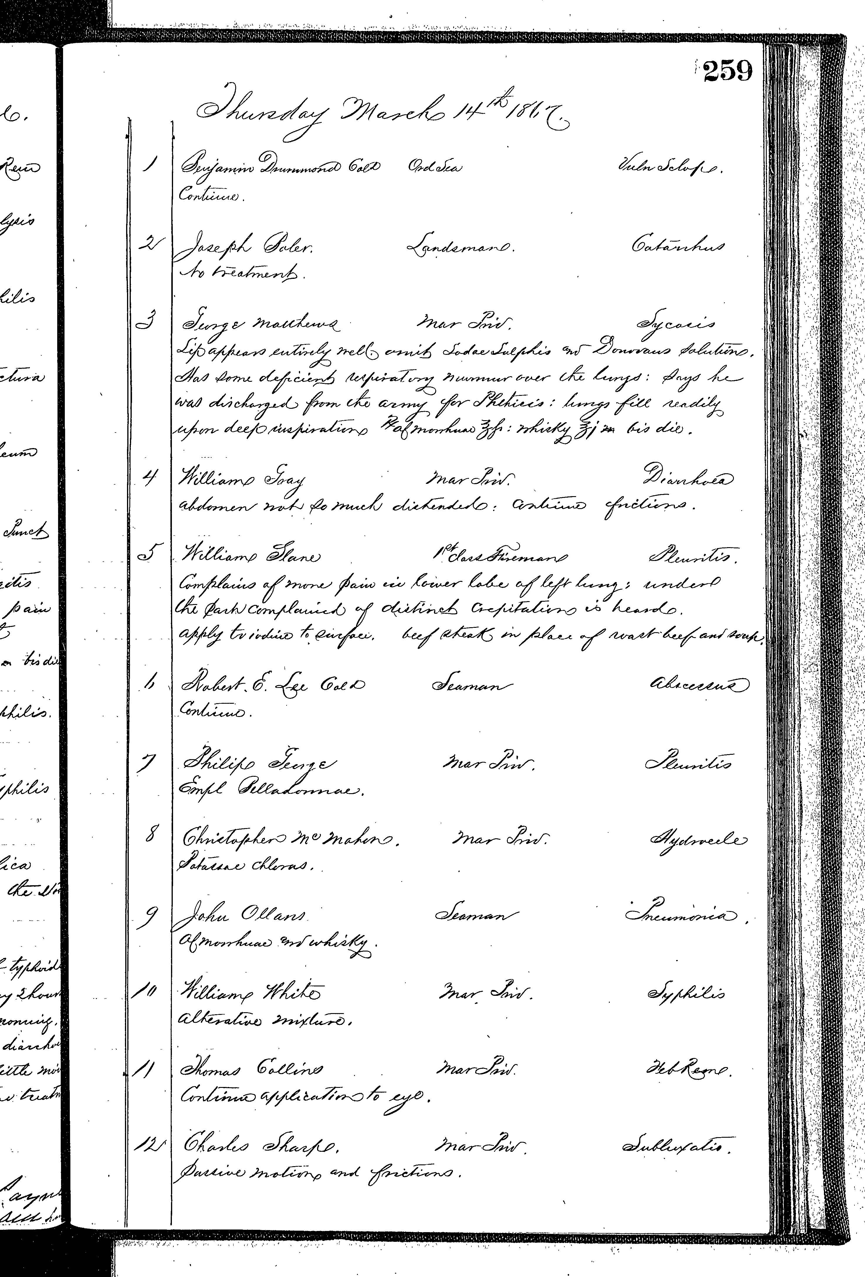 Patients in the Naval Hospital, Washington DC, on March 14, 1867 - Page 1 of 4, in the Medical Journal, October 1, 1866 to March 20, 1867