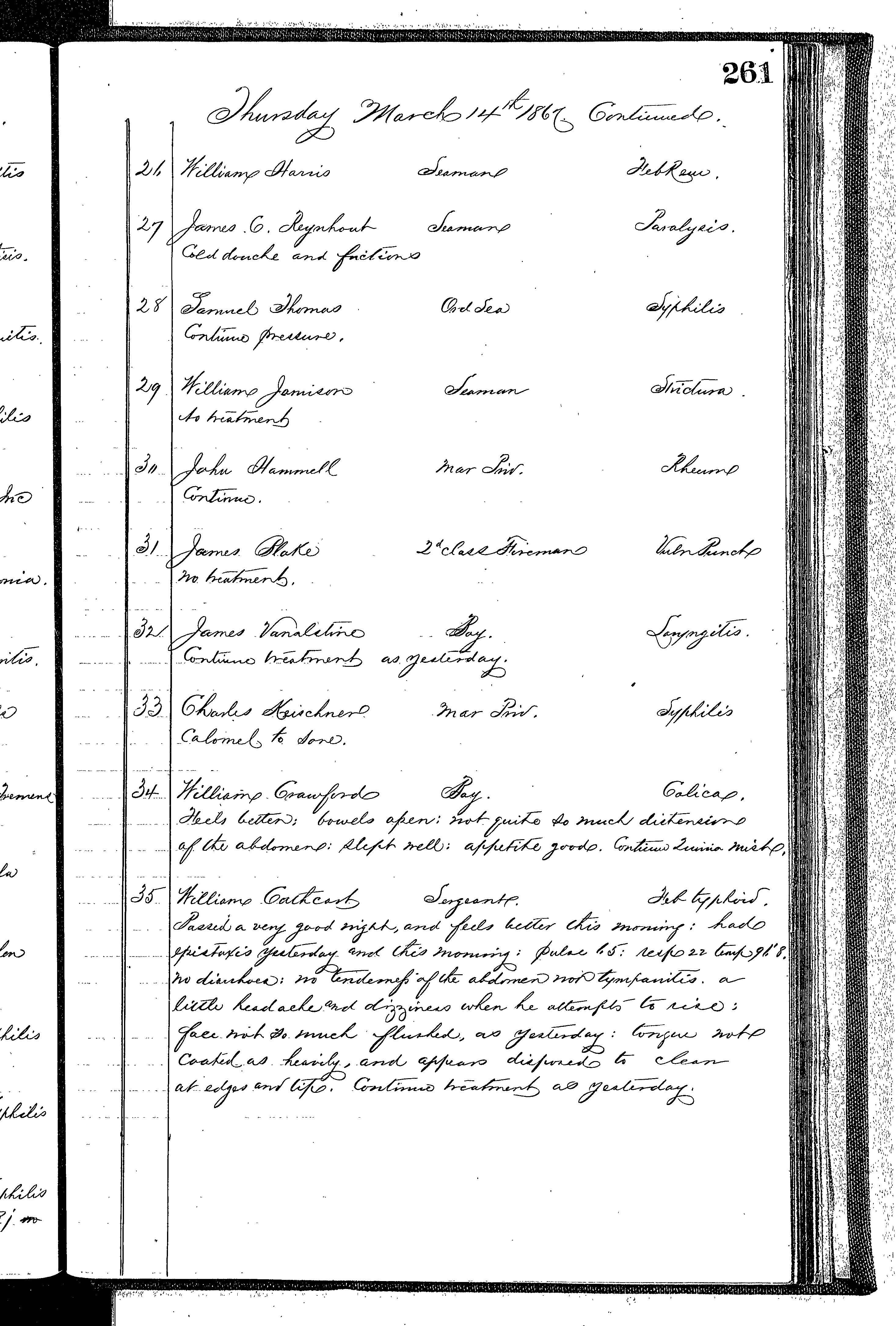 Patients in the Naval Hospital, Washington DC, on March 14, 1867 - Page 3 of 4, in the Medical Journal, October 1, 1866 to March 20, 1867