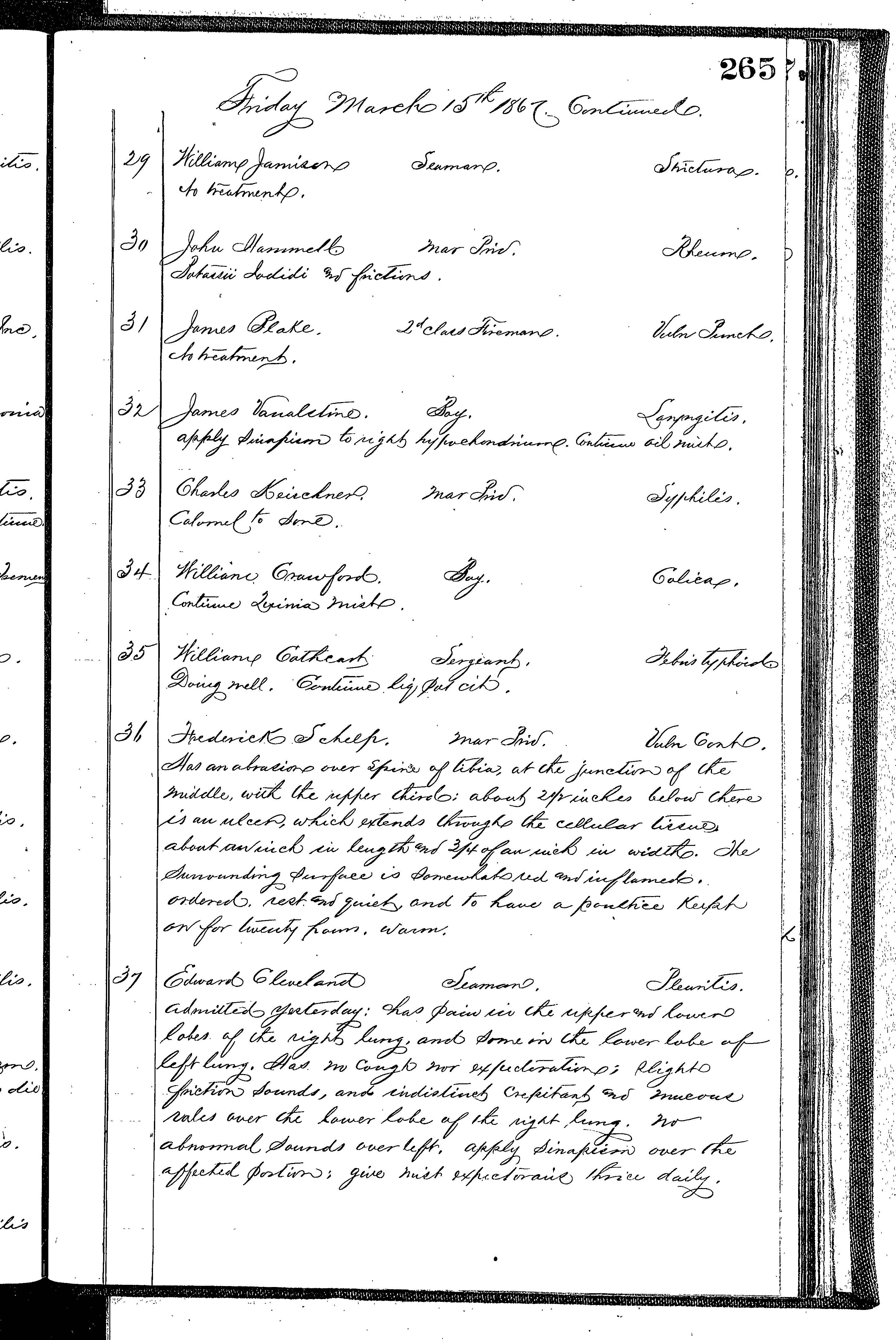 Patients in the Naval Hospital, Washington DC, on March 15, 1867 - Page 3 of 4, in the Medical Journal, October 1, 1866 to March 20, 1867