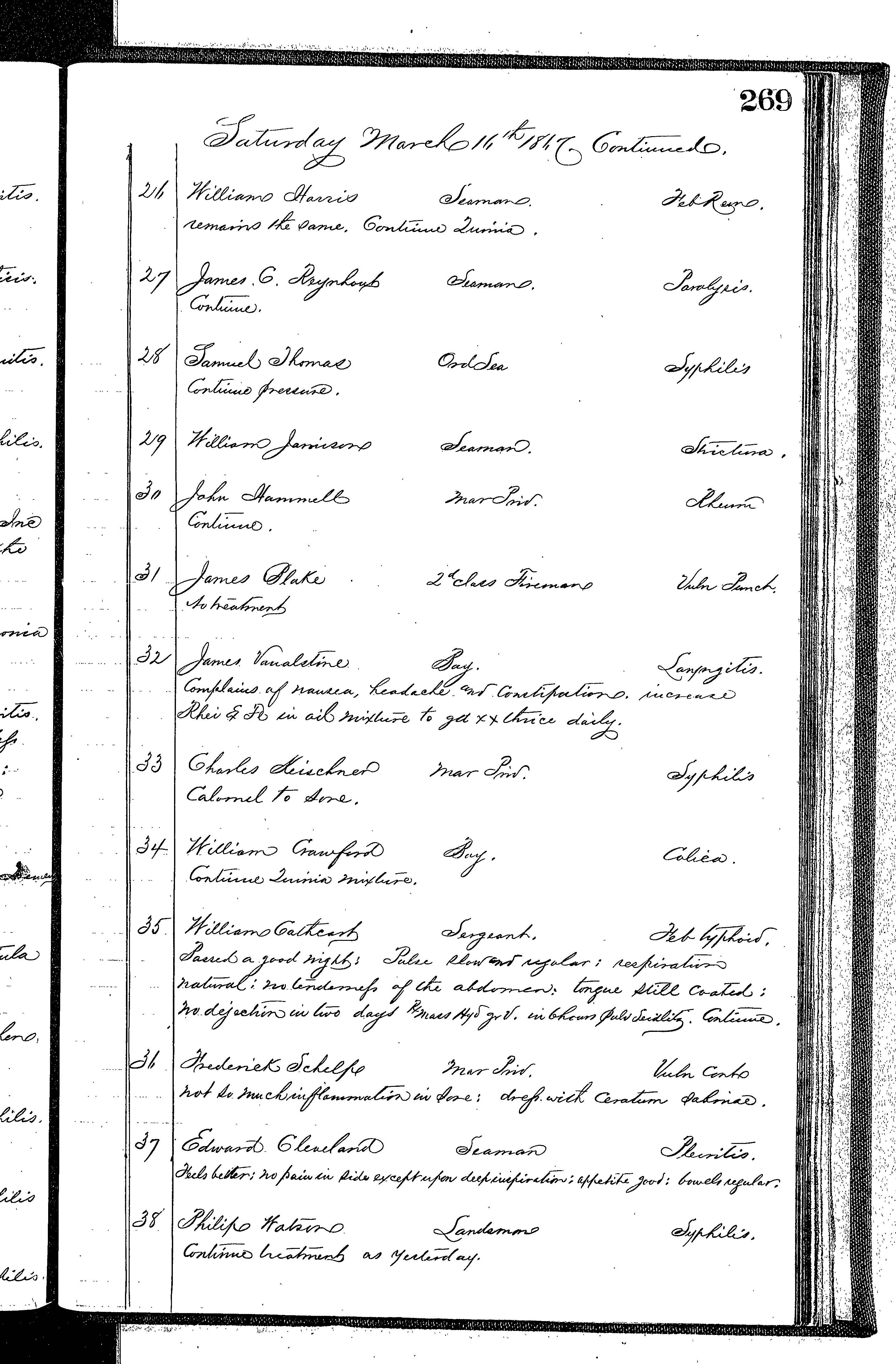 Patients in the Naval Hospital, Washington DC, on March 16, 1867 - Page 3 of 4, in the Medical Journal, October 1, 1866 to March 20, 1867