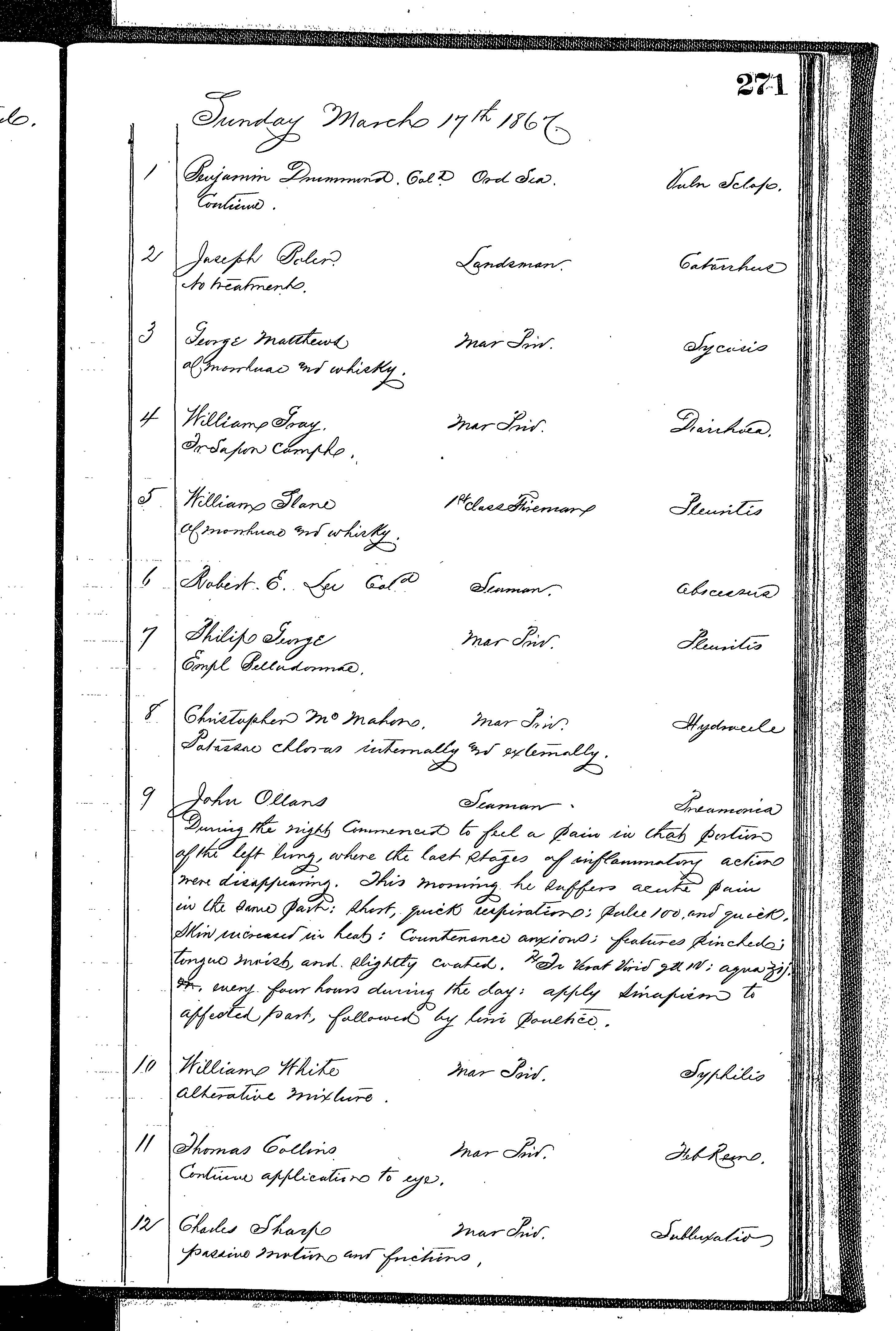 Patients in the Naval Hospital, Washington DC, on March 17, 1867 - Page 1 of 3, in the Medical Journal, October 1, 1866 to March 20, 1867