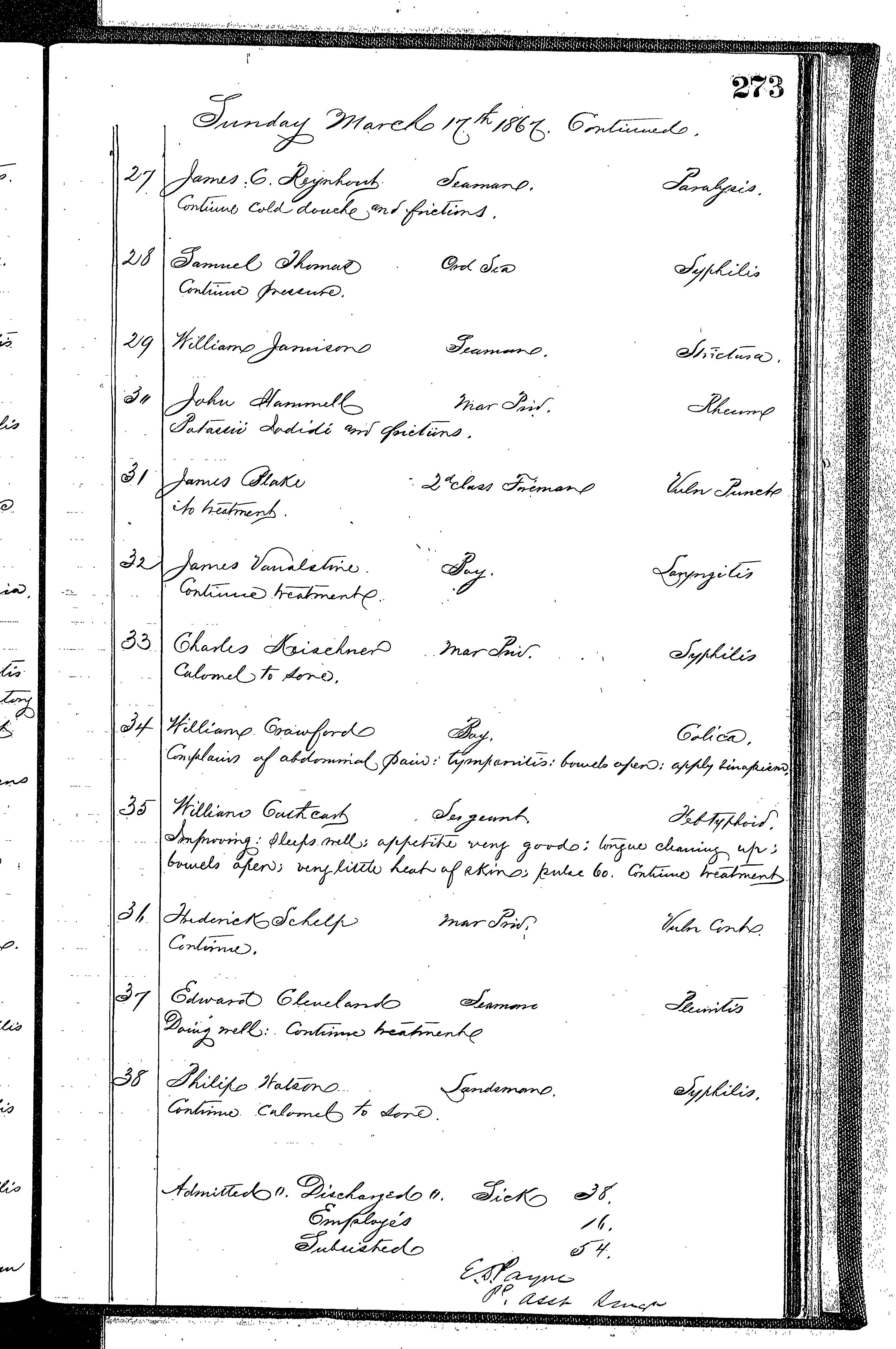 Patients in the Naval Hospital, Washington DC, on March 17, 1867 - Page 3 of 3, in the Medical Journal, October 1, 1866 to March 20, 1867