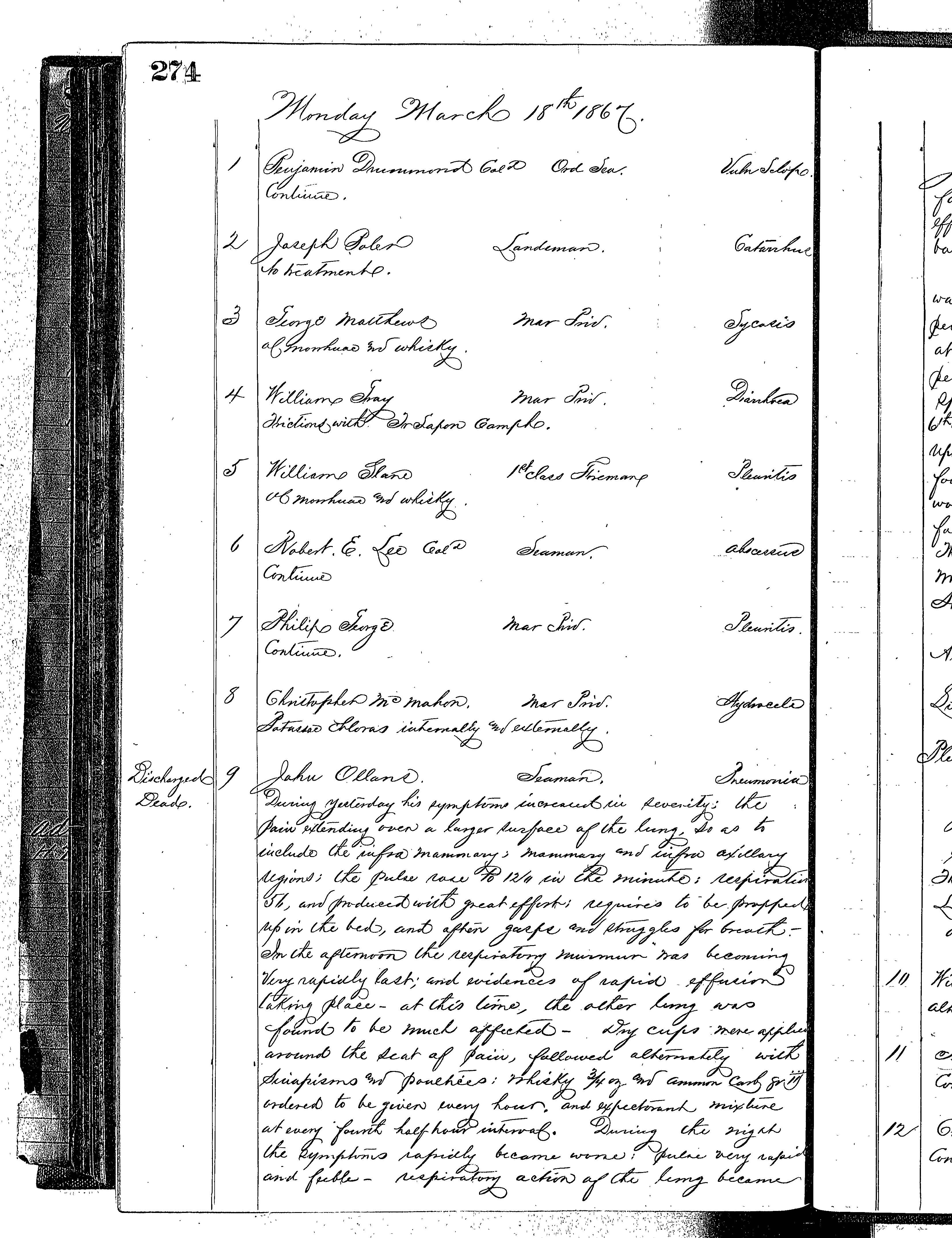 Patients in the Naval Hospital, Washington DC, on March 18, 1867 - Page 1 of 5, in the Medical Journal, October 1, 1866 to March 20, 1867