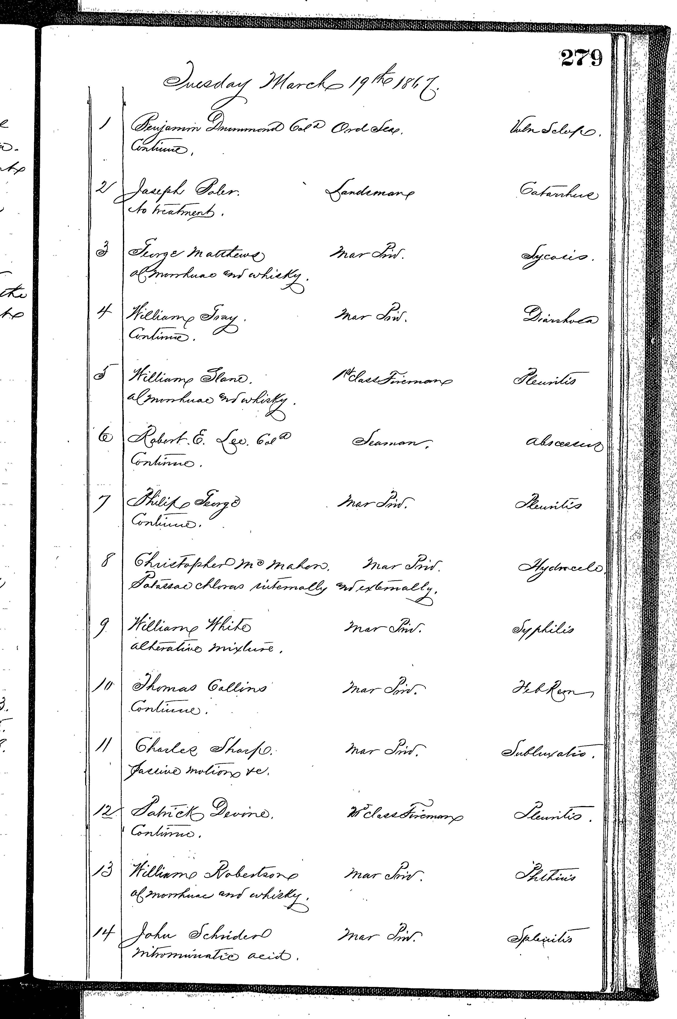 Patients in the Naval Hospital, Washington DC, on March 19, 1867 - Page 1 of 3, in the Medical Journal, October 1, 1866 to March 20, 1867