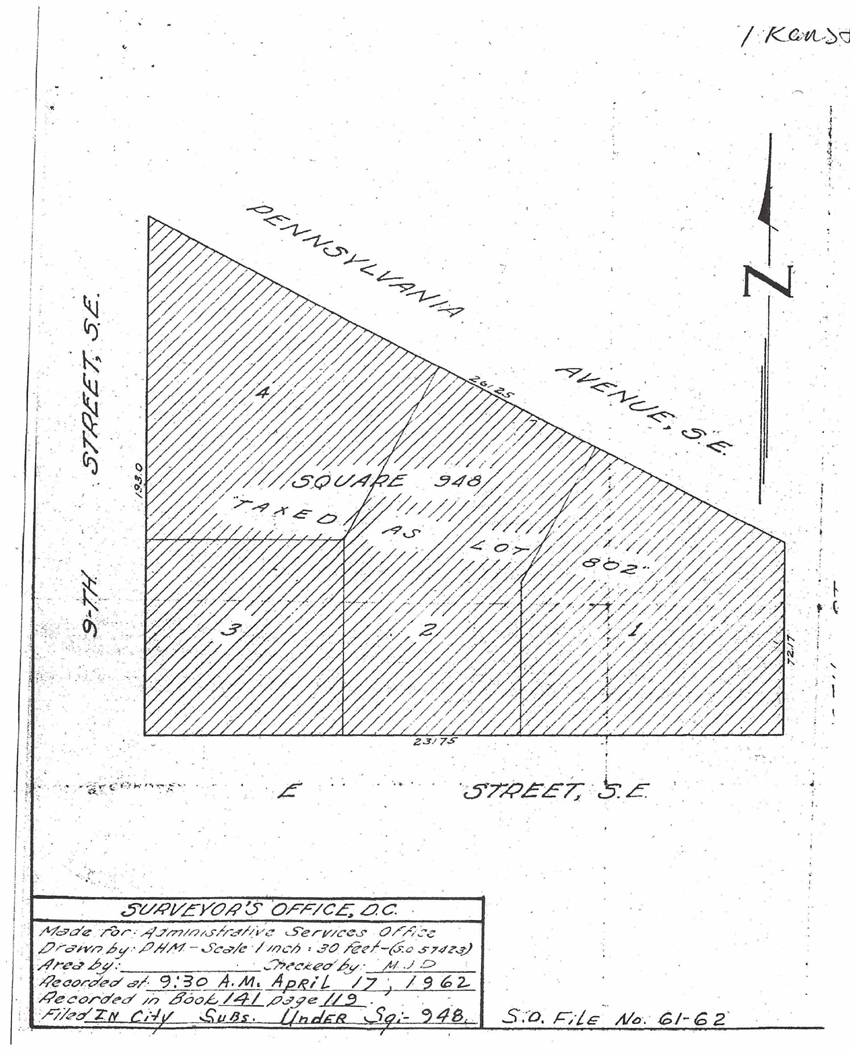 Transfer Plat attached to GSA Form 38 transferring the Old Naval Hospital to the D.C. 
Government on February 26, 1962.