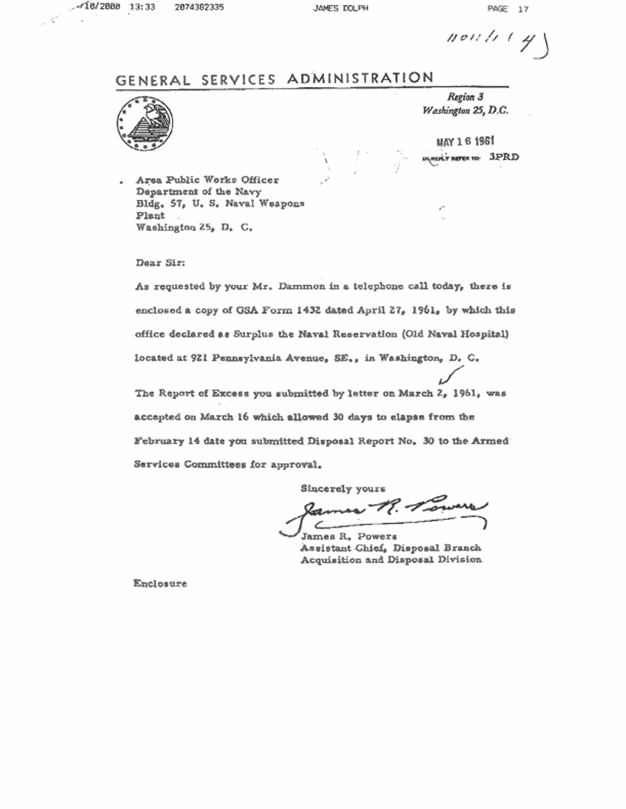 GSA Form 1432, Determination of Surplus, dated April 27, 1961, finding that the Old Naval  Hospital was excess and not required for use by the federal government and could be diposed of  by the General Services Administration.