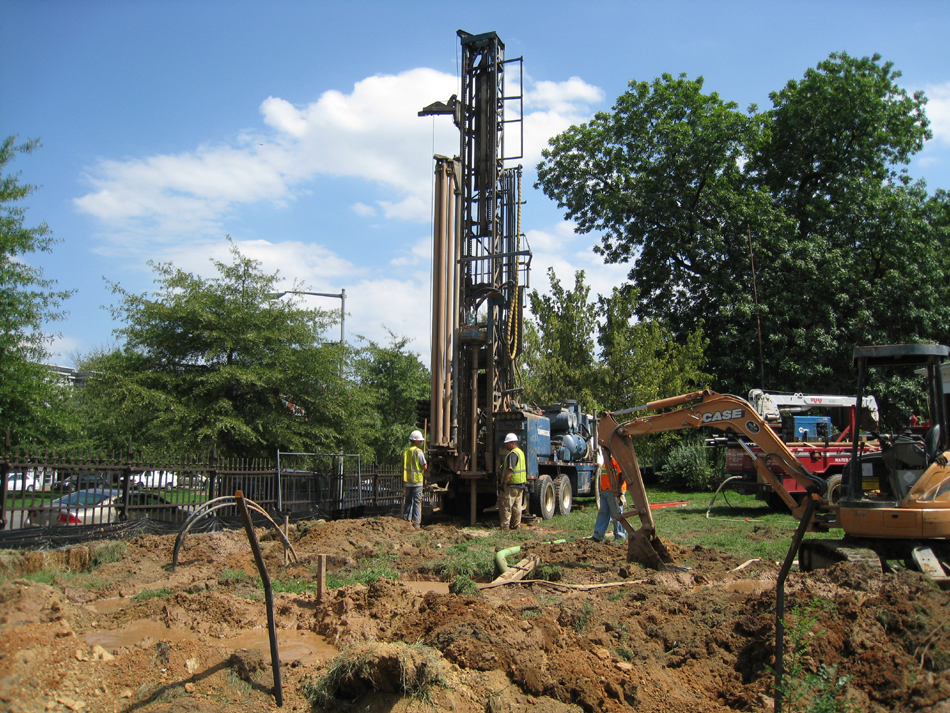 Geothermal drilling for HVAC systems on northwest corner,  Wells to go down about 350 feet