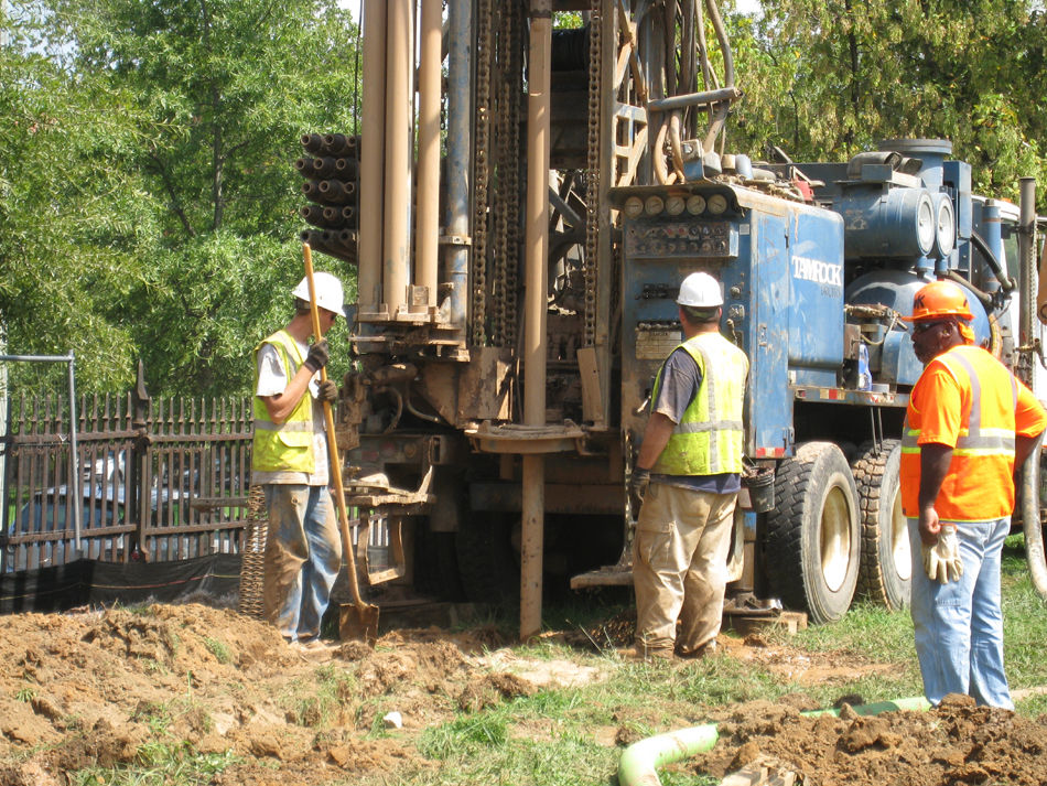 Geothermal drilling for HVAC systems on northwest corner,  Wells to go down about 350 feet