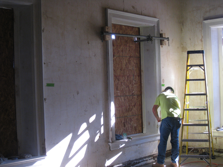 Second Floor--Innovative technique for stabilizing scaffolding, in northeast corner room