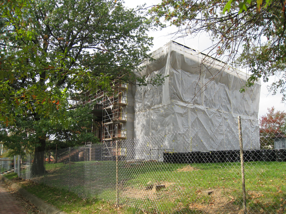 Elevation--Southeast corner during exterior paint removal by ice crystals blasting