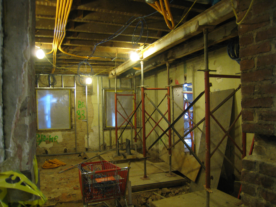 Ground Floor--Shoring in east central room for wall to be removed on second floor