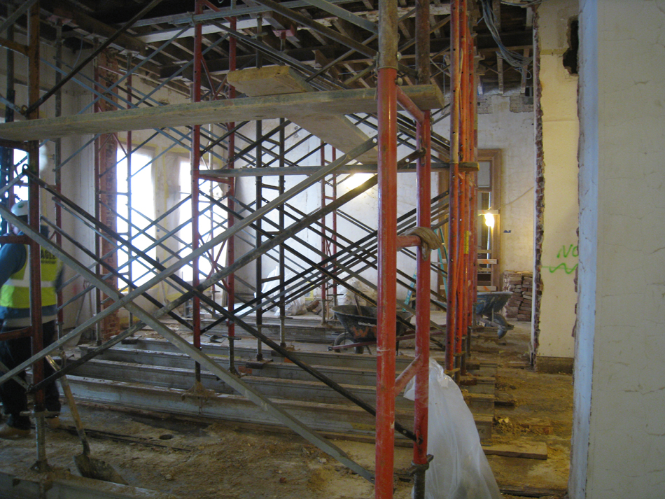 Second Floor--Center south room, looking west.  Newly opened room.  Two walls demolished