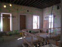 Second Floor--Southeast room--Preparing for plastering (green outlines to be removed, the rest just skimmed) - November 17, 2010