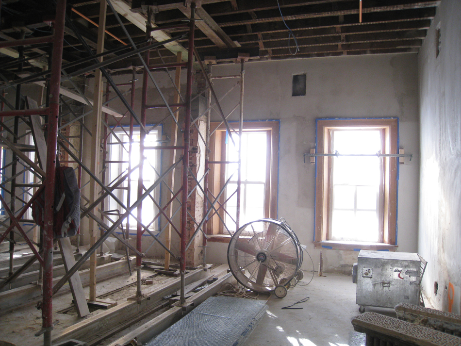 Second Floor--Central (large) room showing brown plaster and column preparation - December 28, 2010