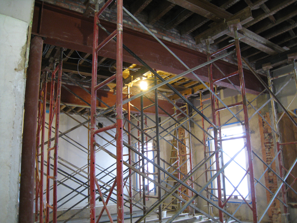 Second Floor--Installed steel beams and columns in central (large) room - January 7, 2011