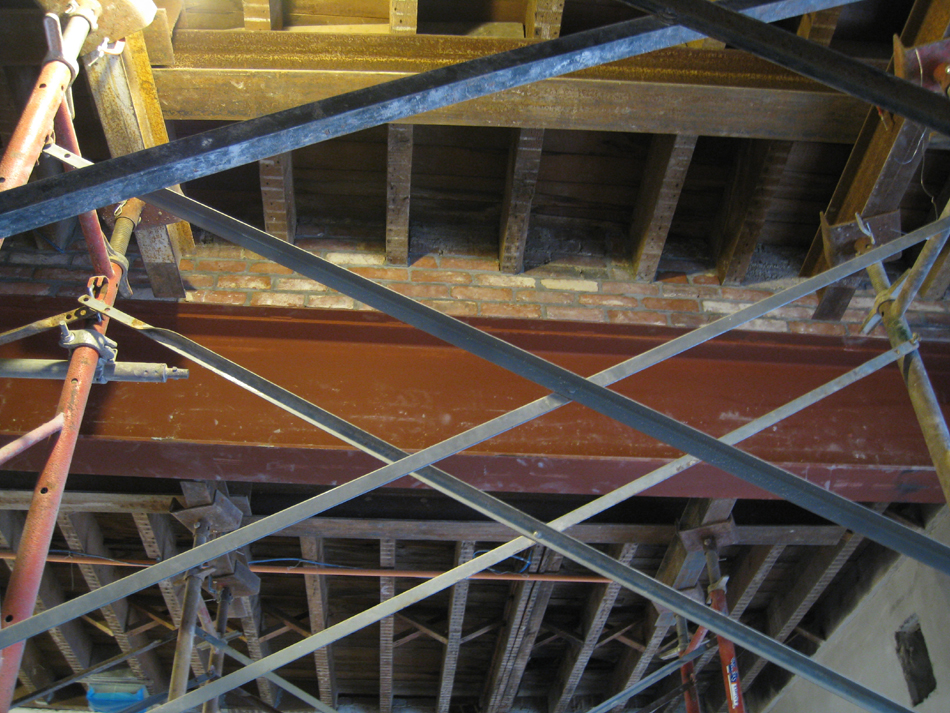 Second Floor--Detail of installed steel beams and columns in central (large) room, showing brickwork - January 7, 2011