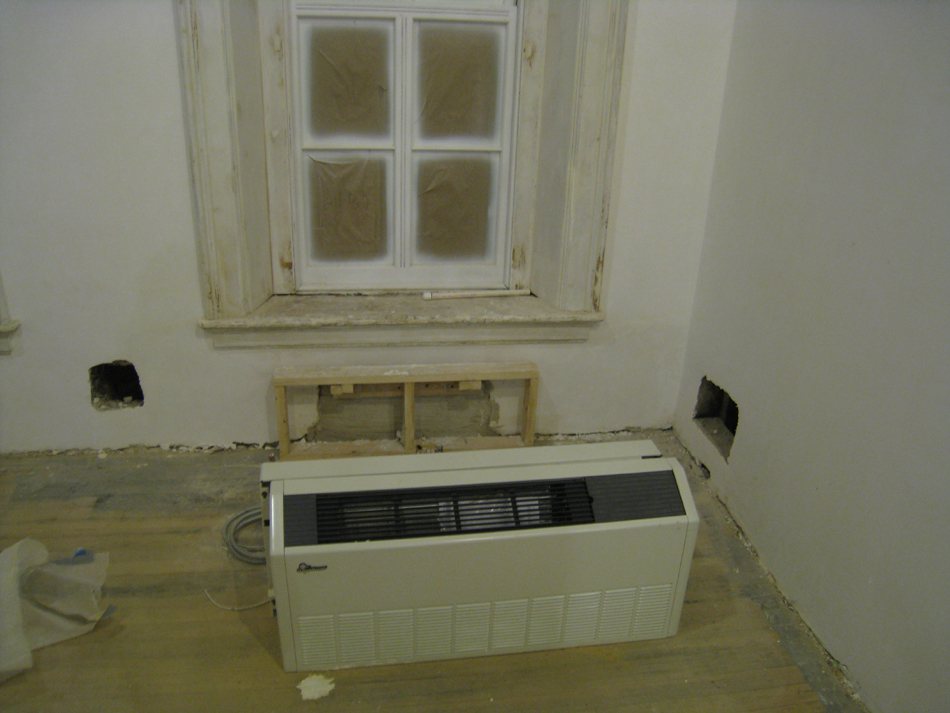 Second Floor--Northeast corner room showing newly installed restored windows with heat pump mechanicals to be installed - February 1, 2011