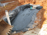 Grounds--Rain garden base--filter cloth over gravel, to be filled with three feet of soil then planted - May 23, 2011